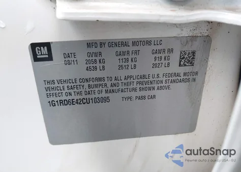 2012 Chevrolet Volt z USA, uszkodzony, nr VIN 1G1RD6E42CU103095